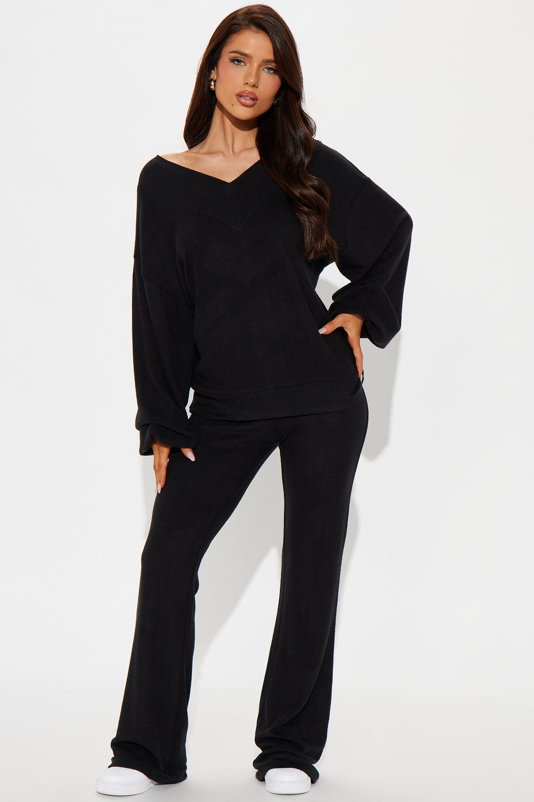 Simple Favor Hacci Flare Leg Pant Set - Black